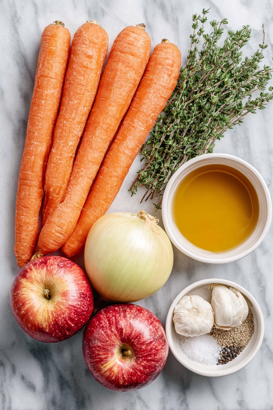 Maple Dijon Roasted Carrots and Apples, roasted carrot and apple side dish, easy roasted vegetable recipe, sweet and tangy vegetable side, healthy fall side dish - Flat lay of fresh whole large orange carrots with leafy green tops removed, three large rosy red and yellow apples, a medium yellow onion with papery skin, five whole uncracked garlic cloves, a few sprigs of fresh green thyme, small white ceramic bowls each containing golden olive oil, amber maple syrup, coarse whole grain Dijon mustard, fine sea salt crystals, and whole black peppercorns, all arranged symmetrically and balanced, placed on a clean white marble surface, soft natural light, photo taken with an iPhone, professional food photography style, fresh ingredients, white ceramic bowls, no bottles, no duplicates, no utensils, no packaging --ar 2:3 --v 7 --p awthu7i m7354615311229779997