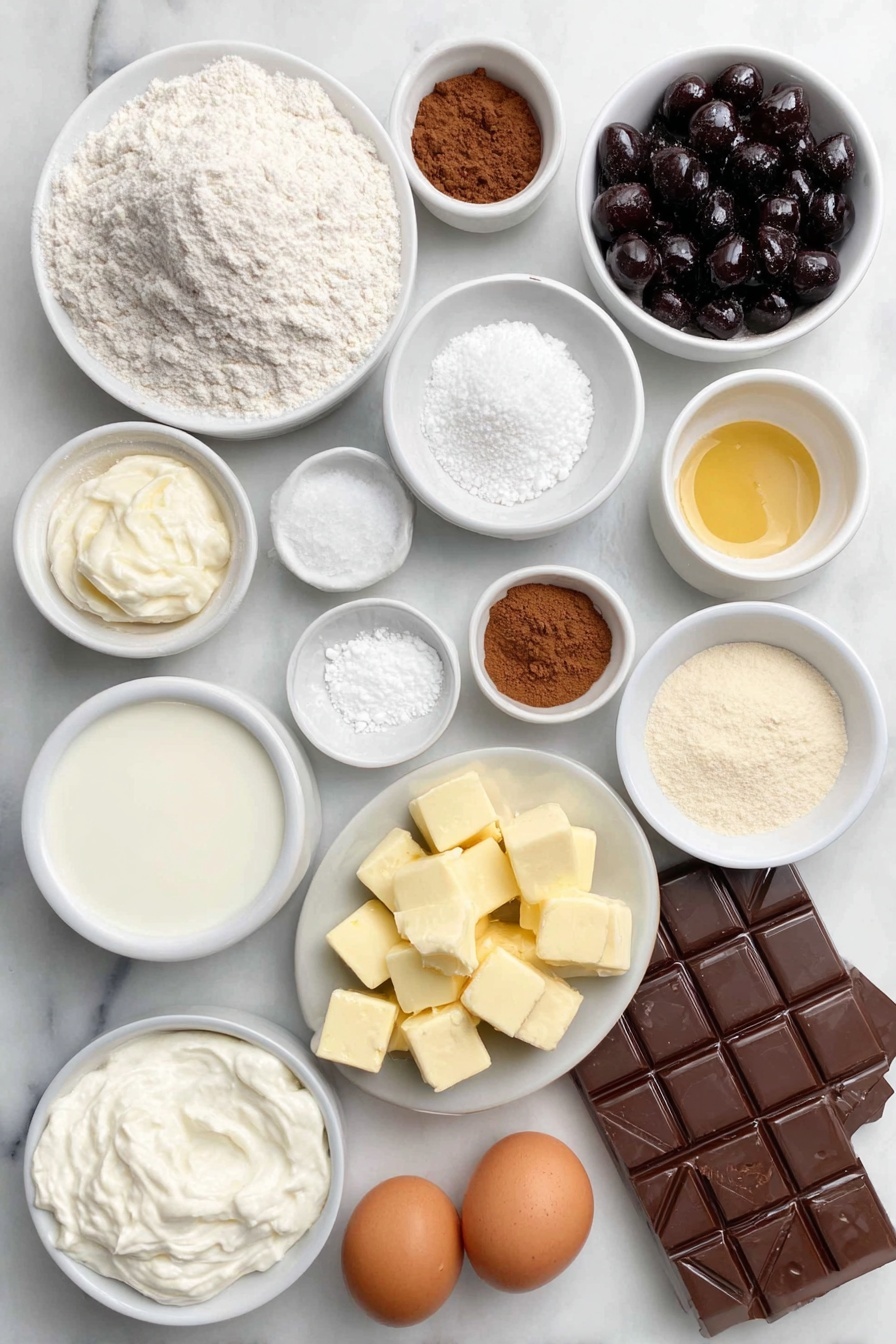 Chocolate Cherry Black Forest Pie, black forest cherry pie, chocolate cherry dessert, black forest pie with mascarpone, tart cherry chocolate pie - Flat lay of a small mound of all purpose flour, a small bowl of cocoa powder, a few grains of coarse sea salt scattered beside a small pile of granulated sugar, frozen cubes of unsalted butter, a small white bowl holding cold sour cream, a small white bowl with pure vanilla extract, a small white bowl of cold water, a heaping mound of frozen tart cherries, a small white bowl of cornstarch, a small pinch of ground cinnamon next to a tiny pile of coarse demerara sugar, a small white bowl containing cherry liquor, a small white bowl with almond extract, a small white bowl of heavy whipping cream, a small white bowl with granulated sugar, a small white bowl with mascarpone cheese, two whole uncracked brown eggs, and a bar of dark chocolate partly shaved, all arranged with perfect symmetry on simple white ceramic bowls and plates, placed on a clean white marble surface, soft natural light, photo taken with an iPhone, professional food photography style, fresh ingredients, white ceramic bowls, no bottles, no duplicates, no utensils, no packaging --ar 2:3 --v 7 --p awthu7i m7354615311229779997