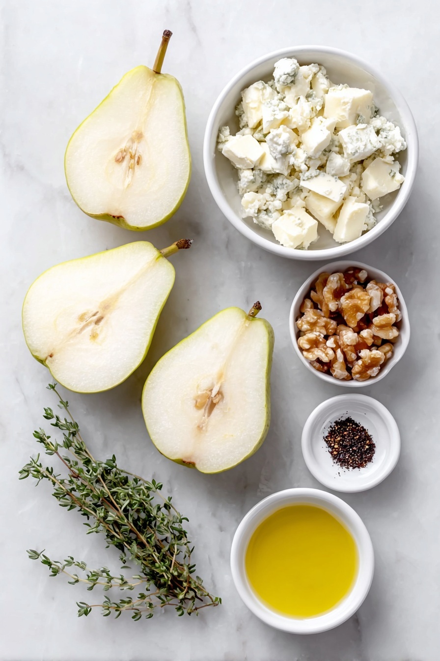 Blue Cheese Stuffed Pears, blue cheese stuffed pears appetizer, elegant pear appetizer with blue cheese, sweet and savory pear snack, pear and blue cheese appetizer - Flat lay of three large Bosc pears halved with cores removed, a small white bowl filled with crumbled Danish blue cheese, a small white bowl of chopped walnuts, three fresh thyme sprigs, a small white bowl of golden honey, a small white bowl of olive oil, a small white bowl with Aleppo pepper, and a few loose fresh thyme leaves arranged symmetrically on a clean white marble surface, soft natural light, photo taken with an iPhone, professional food photography style, fresh ingredients, white ceramic bowls, no bottles, no duplicates, no utensils, no packaging --ar 2:3 --v 7 --p awthu7i m7354615311229779997
