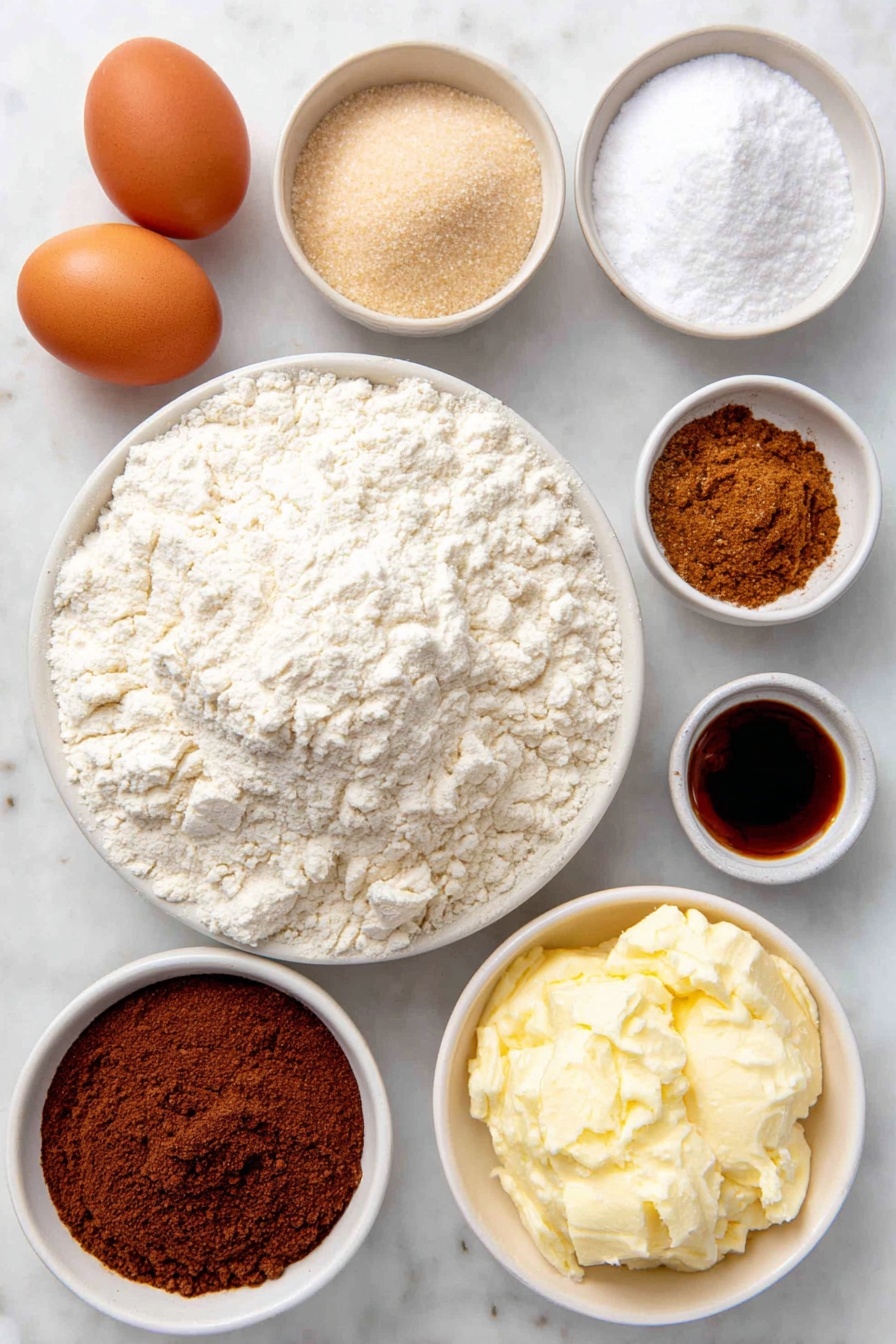 Gingerbread Cake with Butterscotch Sauce, gingerbread cake, spiced cake with butterscotch, cozy gingerbread dessert, moist gingerbread cake - Flat lay of a small mound of all-purpose flour, two teaspoons of ground ginger in a small white bowl, a small white bowl with cinnamon powder, another with nutmeg powder, a tiny white bowl containing ground cloves, a small white bowl with baking soda, a pinch of salt in a tiny white bowl, a small white bowl holding melted unsalted butter, a small white bowl filled with light brown sugar, a small white bowl with dark molasses, a small white bowl of hot water, two whole uncracked brown eggs, a small white bowl with vanilla extract, placed on a clean white marble surface, soft natural light, photo taken with an iPhone, professional food photography style, fresh ingredients, white ceramic bowls, no bottles, no duplicates, no utensils, no packaging --ar 2:3 --v 7 --p awthu7i m7354615311229779997