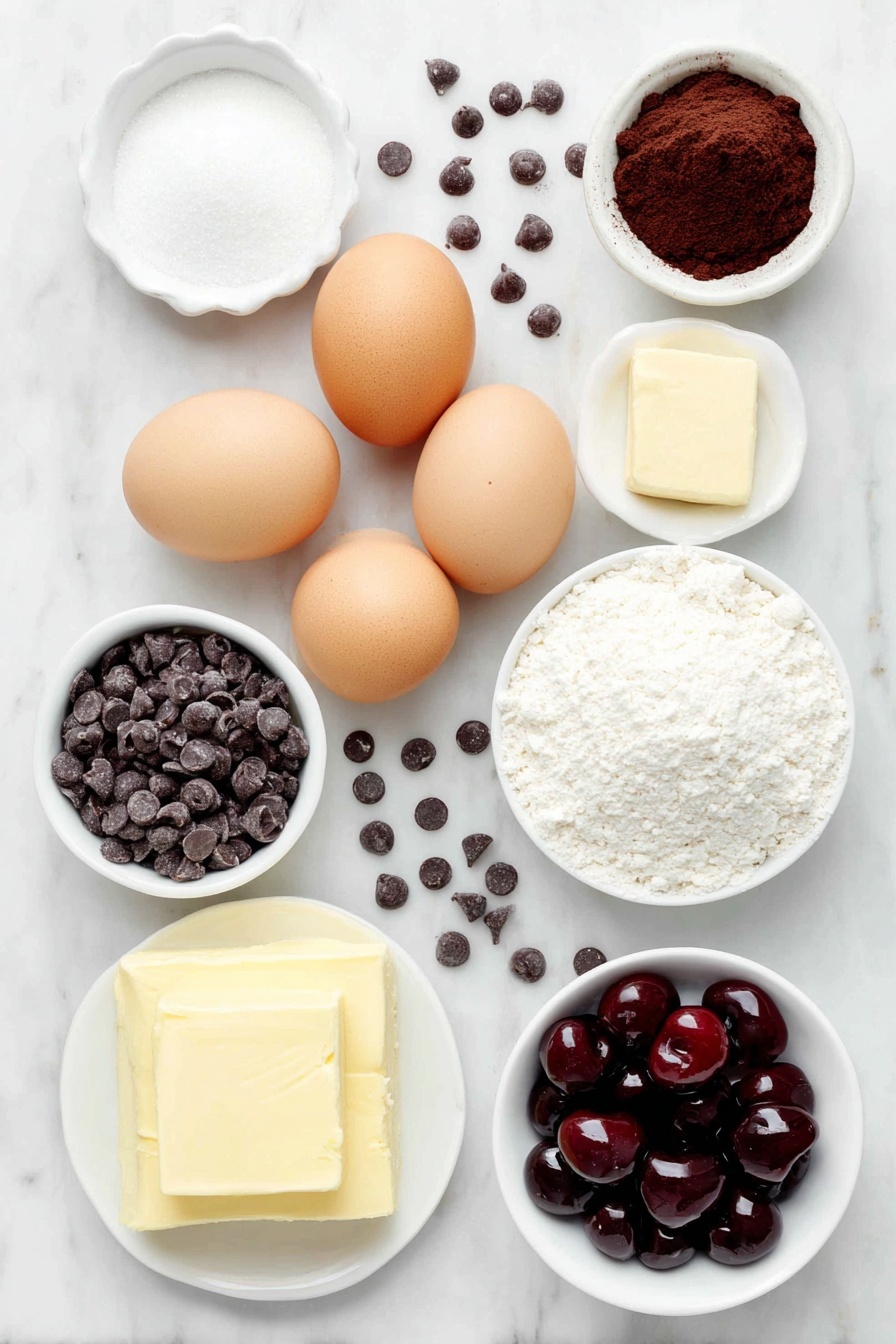 Chocolate Cherry Cheesecake Cookies, cherry cheesecake cookie recipe, chocolate cherry dessert cookies, easy cheesecake cookie, chocolaty cherry cookies - Flat lay of a small block of salted butter, two whole brown eggs with clean shells, a few heaped tablespoons of white granulated sugar and light brown sugar placed side by side, a small white bowl filled with dark cocoa powder, another small white bowl containing fine instant chocolate pudding mix powder, a neat pile of all-purpose flour, a small white bowl of creamy softened cream cheese, a small cube of softened butter, a small white bowl filled with powdered sugar, a small white bowl holding glossy whole cherries in thick pie filling syrup, and a scattering of mini chocolate chips arranged symmetrically, all on simple white ceramic bowls and plates, placed on a clean white marble surface, soft natural light, photo taken with an iPhone, professional food photography style, fresh ingredients, white ceramic bowls, no bottles, no duplicates, no utensils, no packaging --ar 2:3 --v 7 --p awthu7i m7354615311229779997