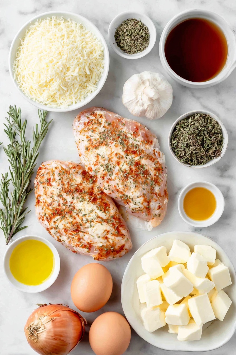 French Onion Chicken Bake, French Onion Chicken, baked chicken with onions, cheesy chicken bake, comforting chicken dinner - Flat lay of two large boneless skinless chicken breasts seasoned with Italian herbs and garlic powder, a small mound of flour mixed with shredded Parmesan cheese, three whole yellow onions sliced in half to show their layers, three whole uncracked brown eggs, three cloves of fresh garlic with papery skins intact, a small pinch bowl of dried rosemary, a small pinch bowl of dried thyme, a small pinch bowl of ground sage, a small white bowl of golden olive oil, a small white bowl of unsalted butter cubes, a small white bowl of low sodium soy sauce, a small white bowl of dry white wine, a small white bowl of chicken broth, a small white bowl of beef broth, a whole beef bouillon cube, and a pile of fresh mozzarella cheese slices—all arranged in perfect symmetry on simple white ceramic bowls and plates placed on a clean white marble surface, soft natural light, photo taken with an iPhone, professional food photography style, fresh ingredients, white ceramic bowls, no bottles, no duplicates, no utensils, no packaging --ar 2:3 --v 7 --p awthu7i m7354615311229779997