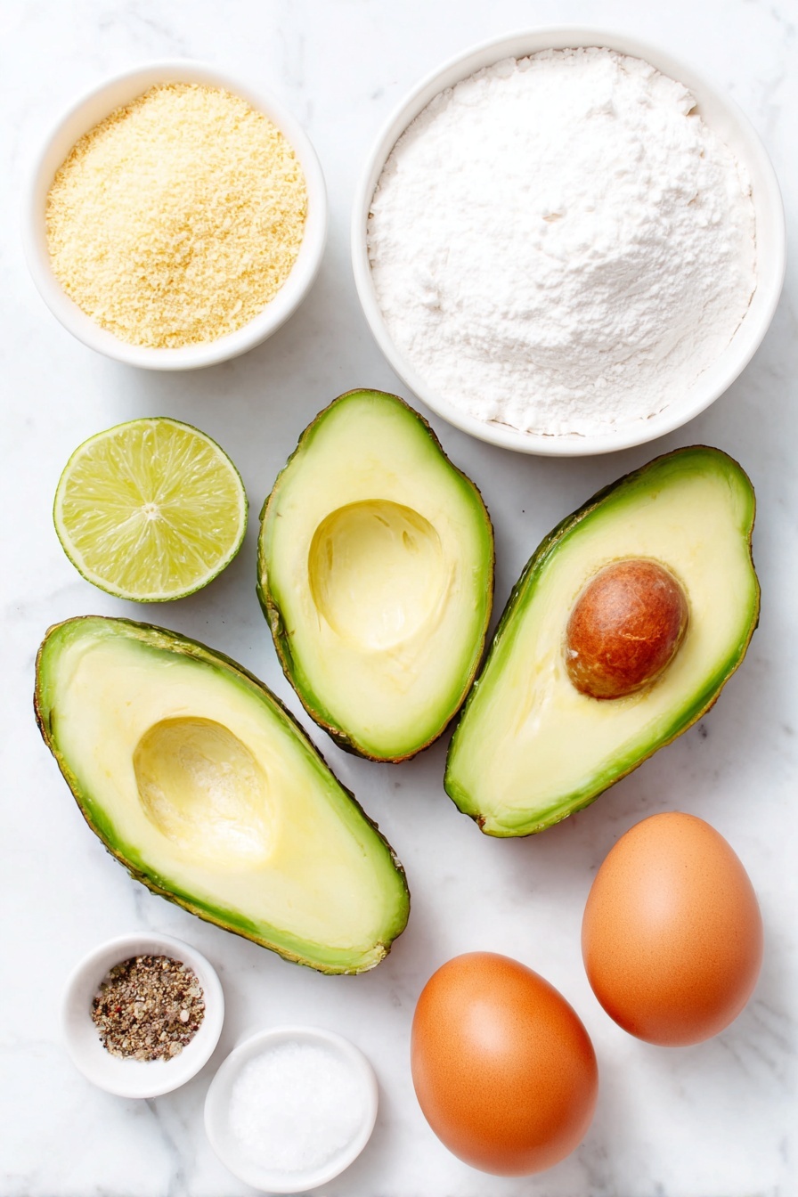 Baked Avocado Fries, healthy avocado snacks, crispy baked avocado, vegan appetizer ideas, quick avocado recipes - Flat lay of two large sliced avocado wedges with bright green flesh and dark skin, one halved fresh lime with visible juicy pulp, two whole uncracked brown eggs, a small white ceramic bowl of fine white flour, a small white ceramic bowl filled with golden panko bread crumbs, a small white ceramic bowl containing coarse ground black pepper, a small white ceramic bowl with kosher salt crystals, placed on a clean white marble surface, soft natural light, photo taken with an iPhone, professional food photography style, fresh ingredients, white ceramic bowls, no bottles, no duplicates, no utensils, no packaging --ar 2:3 --v 7 --p m7354615311229779997