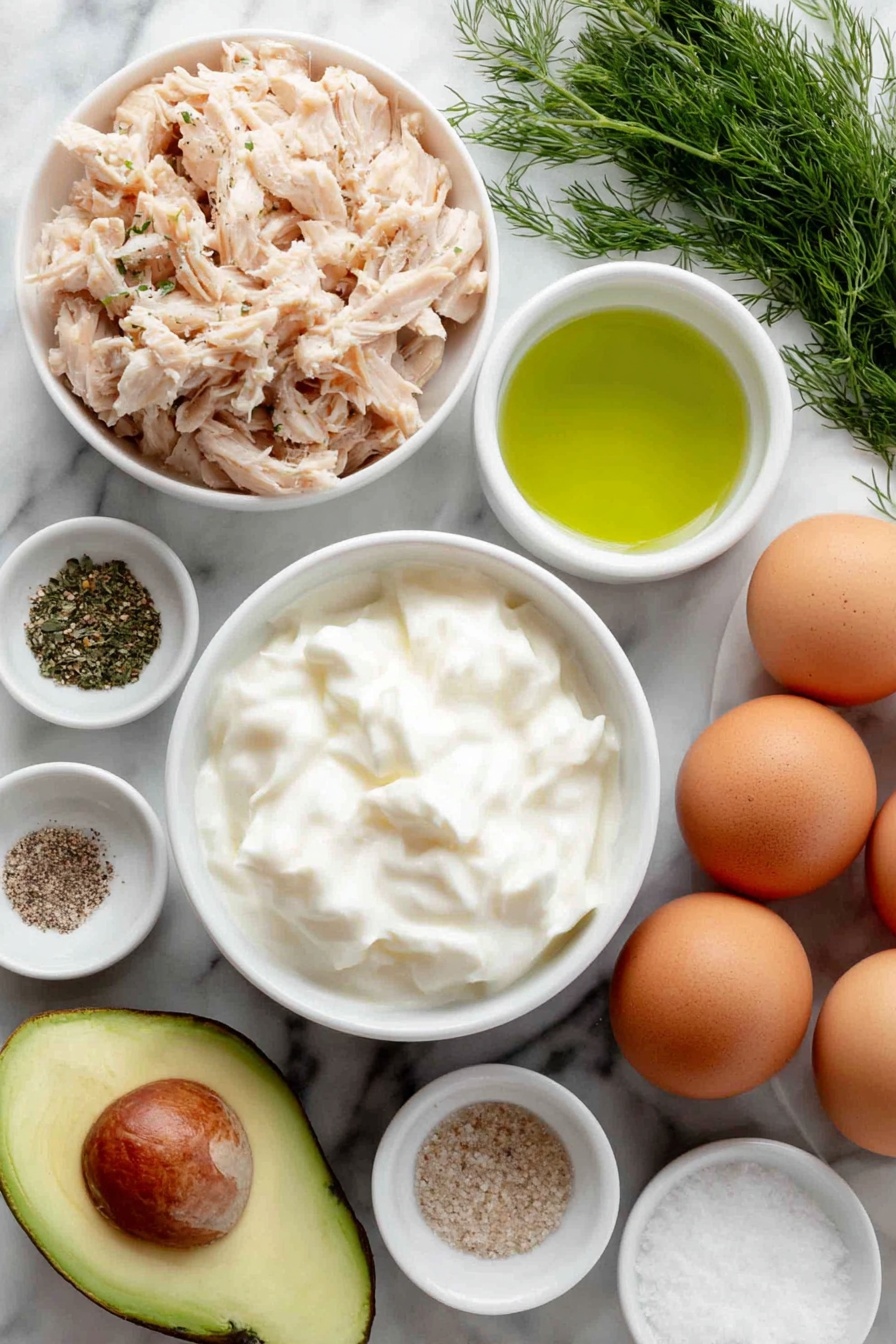Healthy Greek Yogurt Avocado Chicken Salad, healthy chicken salad, avocado chicken recipe, Greek yogurt salad, keto friendly chicken salad - Flat lay of a small pile of shredded cooked chicken, a ripe medium avocado halved to show creamy green flesh and large seed, a small white ceramic bowl filled with thick plain Greek yogurt, a few sprigs of fresh dill, a small white ceramic bowl containing bright green lime juice, a small white ceramic bowl holding fine sea salt, a small white ceramic bowl with ground black pepper, a small white ceramic bowl with onion powder, a small white ceramic bowl with garlic powder, whole uncracked brown eggs arranged neatly aside, all arranged in perfect symmetry on a clean white marble surface, soft natural light, photo taken with an iPhone, professional food photography style, fresh ingredients, white ceramic bowls, no bottles, no duplicates, no utensils, no packaging --ar 2:3 --v 7 --p m7354615311229779997