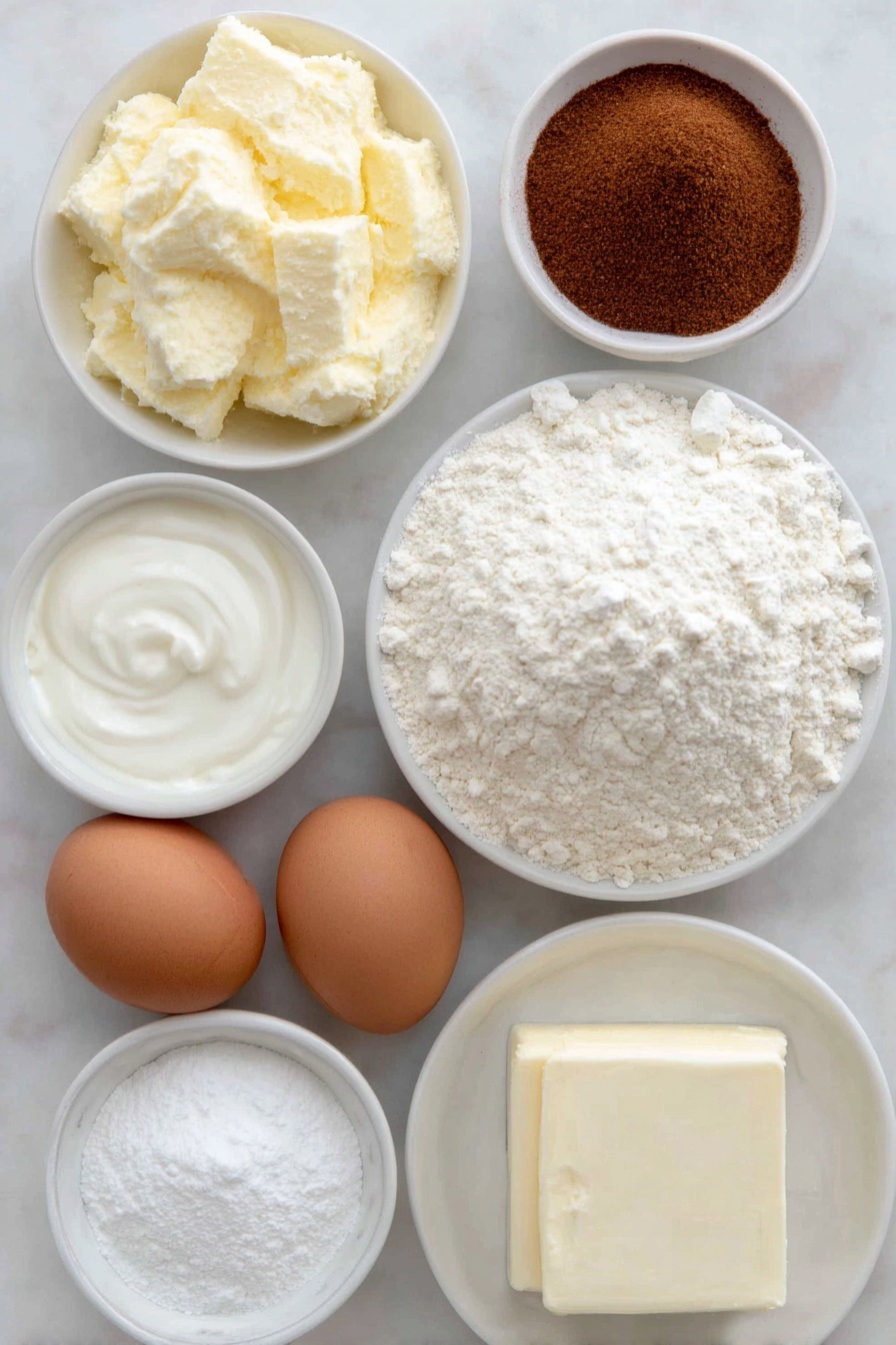 Cinnamon Bundt Cake, cinnamon bundt cake recipe, easy cinnamon cake, cozy cinnamon dessert, moist cinnamon loaf - Flat lay of a small mound of golden unsalted butter, two large brown eggs with clean shells, a small white bowl filled with thick white sour cream, a small white bowl holding clear pale vanilla extract, a neat pile of white all-purpose flour, a small white bowl of light beige baking soda powder, a small white bowl with fine ground cinnamon powder, a small white bowl containing light brown packed brown sugar, a block of creamy white cream cheese, a small white bowl of fine white powdered sugar, a small white bowl filled with creamy light 2% milk, all ingredients arranged symmetrically on a clean white ceramic surface, placed on a clean white marble surface, soft natural light, photo taken with an iPhone, professional food photography style, fresh ingredients, white ceramic bowls, no bottles, no duplicates, no utensils, no packaging --ar 2:3 --v 7 --p m7354615311229779997