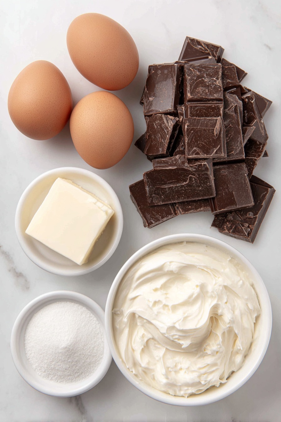 Decadent Chocolate Mousse, chocolate mousse recipe, rich chocolate dessert, silky mousse, easy chocolate mousse - Flat lay of three whole brown eggs with clean shells, a small pile of broken dark cooking chocolate pieces with a rich deep brown color, a small pat of creamy unsalted butter, a small white ceramic bowl filled with thick full-fat cream, and a small white ceramic bowl containing fine white caster sugar, a few thin delicate chocolate shavings artfully scattered on the side, all arranged in perfect symmetry on a clean white marble surface, soft natural light, photo taken with an iPhone, professional food photography style, fresh ingredients, white ceramic bowls, no bottles, no duplicates, no utensils, no packaging --ar 2:3 --v 7 --p m7354615311229779997