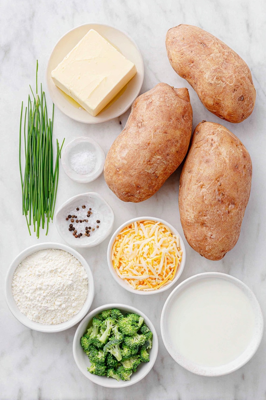 Cheesy Broccoli Baked Potatoes, baked potato with broccoli and cheese, cheesy baked potato dinner, healthy baked potato recipes, quick comfort food ideas - Flat lay of two large russet potatoes with rough brown skin, a small white ceramic bowl with golden olive oil, a small white bowl of coarse kosher salt, a small white bowl with whole black peppercorns, a few fresh green chives with slender stalks, a small white bowl of pale yellow unsalted butter, a small white bowl of fine all-purpose flour, a small white bowl filled with creamy whole milk, a small white bowl with bright orange shredded medium cheddar cheese, and a small white bowl of finely chopped vibrant green broccoli florets, all arranged in perfect symmetry on a clean white marble surface, soft natural light, photo taken with an iPhone, professional food photography style, fresh ingredients, white ceramic bowls, no bottles, no duplicates, no utensils, no packaging --ar 2:3 --v 7 --p m7354615311229779997