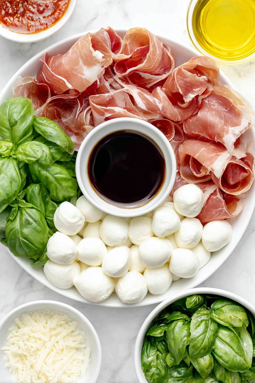 Prosciutto Mozzarella Bites Basil, prosciutto appetizer with basil, easy prosciutto mozzarella snacks, Caprese-inspired appetizer, quick prosciutto bites - Flat lay of fresh thinly sliced prosciutto halves arranged flat, small smooth white mozzarella balls glistening, vibrant green basil leaves with natural texture, a small white ceramic bowl filled with glossy dark balsamic glaze, all ingredients evenly spaced and perfectly symmetrical, placed on a clean white marble surface, soft natural light, photo taken with an iPhone, professional food photography style, fresh ingredients, white ceramic bowls, no bottles, no duplicates, no utensils, no packaging --ar 2:3 --v 7 --p m7354615311229779997