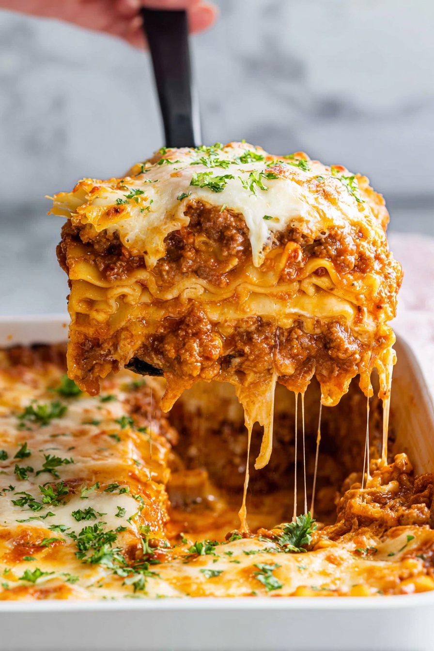 Homestyle Ground Beef Lasagna, easy ground beef lasagna, hearty beef lasagna recipe, homemade lasagna with meat sauce, comforting classic lasagna - The image shows a close-up of a large piece of lasagna being lifted from a white baking dish by a black spatula held by a woman's hand. The lasagna has several visible layers: a top layer of melted and slightly browned cheese with green parsley sprinkled on it, beneath that a layer of orange cheese mixed with meat sauce, then pasta sheets, a creamy white cheese layer, another pasta sheet, and a thick bottom layer of meat sauce. The cheese stretches in long strands from the lifted piece back to the dish, giving a melted and stretchy look. The dish sits on a white marbled surface with a blurred background. photo taken with an iphone --ar 2:3 --v 7
