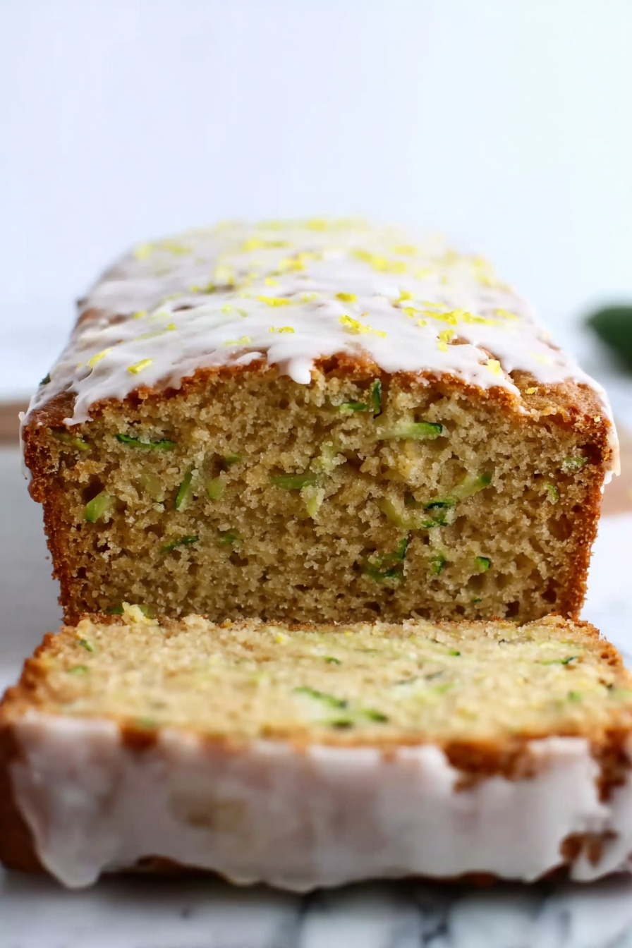 Lemon Zucchini Bread, Lemon Zucchini Bread recipe, Moist Lemon Zucchini Bread, Healthy Lemon Zucchini Bread, Easy Lemon Zucchini Bread - A loaf of zucchini bread sliced at the front, showing a moist texture with small green zucchini pieces spread inside the light brown crumb. The top layer and edges of the bread have a thin white icing drizzle that covers the whole surface unevenly with small yellow bits sprinkled on top. The bread sits directly on a white marbled surface, with the background also white marbled, creating a clean bright setting. photo taken with an iphone --ar 2:3 --v 7