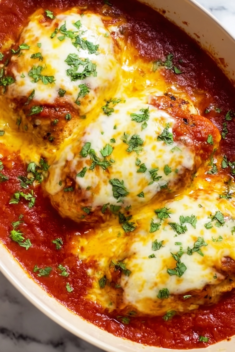 Salsa Chicken Bake, Mexican chicken casserole, easy dinner recipes, cheesy chicken bake, flavorful chicken dinner - The image shows three large pieces of cooked chicken placed in a white ceramic dish, each covered with melted layers of yellow and white cheese. The chicken is partially submerged in a thick, rich red tomato sauce, which fills the spaces between the pieces. Bright green herbs are sprinkled over the cheese and sauce, adding a fresh look. The cheese has a smooth, slightly bubbly texture, while the sauce looks thick and hearty. The background features a white marbled surface. photo taken with an iphone --ar 2:3 --v 7