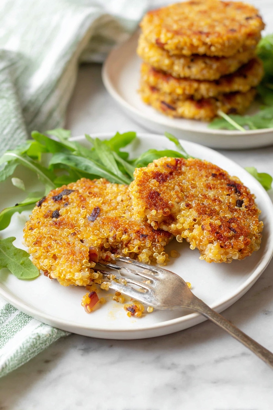 Quinoa Patties with Mozzarella, healthy quinoa patties, cheesy quinoa recipes, vegetarian appetizer ideas, crispy quinoa cakes - The image shows two white plates on a white marbled surface. The front plate has two golden-brown quinoa patties with visible small pieces of red onion and crispy edges, one of which has a small piece taken off on a silver fork resting on the plate. There are a few fresh green arugula leaves placed beside the patties. The back plate, slightly out of focus, holds a stack of four similar quinoa patties. A green and white striped cloth napkin is partially visible on the left side. The light is natural and soft, making the colors warm and inviting. Photo taken with an iphone --ar 2:3 --v 7