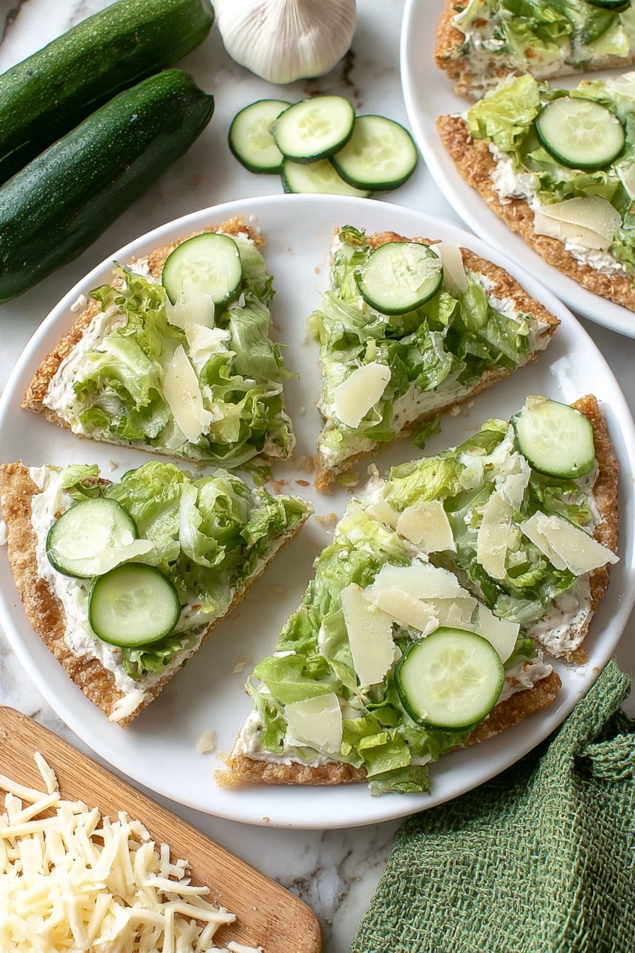 Viral Chicken Caesar Salad Pizza, Chicken Caesar Salad Pizza, Caesar Salad Pizza, Easy Chicken Caesar Pizza, Low-Carb Chicken Pizza - The image shows a white plate on a white marbled surface holding four slices of a flat dish. Each slice has a light brown crust base, a thin white creamy layer on top, followed by a thick layer of leafy green lettuce and round cucumber slices mixed evenly. Some shreds of pale cheese are scattered on the greens. Around the plate, there is a whole garlic bulb, a whole cucumber, a green textured cloth, and a wooden board with shredded pale cheese. The photo taken with an iphone --ar 2:3 --v 7