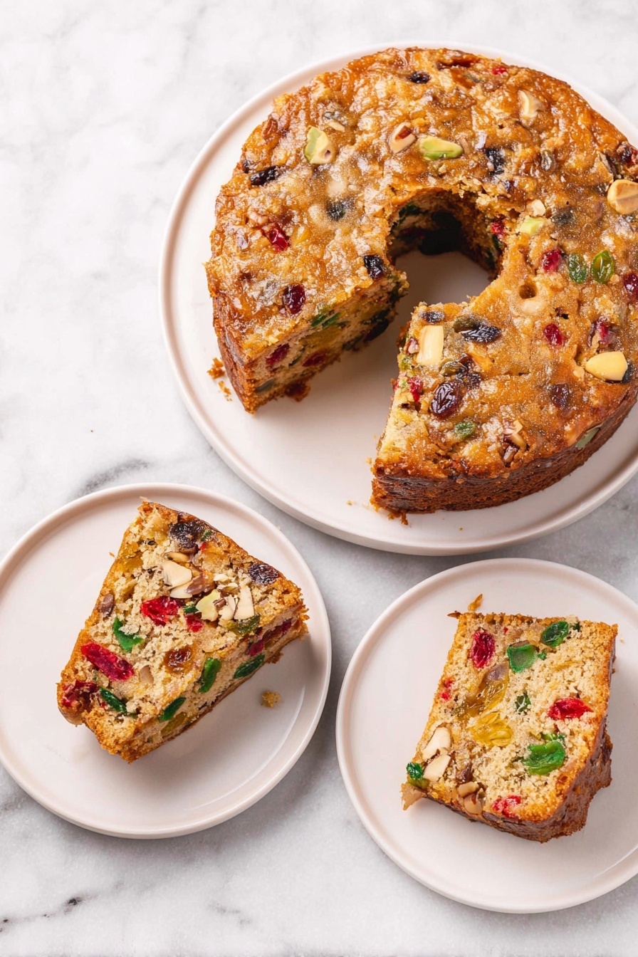 Festive Fruit Cake, holiday fruitcake, homemade fruitcake recipe, moist fruitcake, Christmas cake recipe - The image shows a round fruitcake with a hole in the center, placed on a white plate on a white marbled surface. The cake has a light brown, slightly textured top with visible mixed nuts and dried fruits embedded throughout. A single slice is cut and slightly pulled out, revealing the dense interior filled with green, red, and dark pieces of candied fruit and nuts in an off-white cake base. The cake looks moist with a rough surface on the edges of the slice. photo taken with an iphone --ar 2:3 --v 7