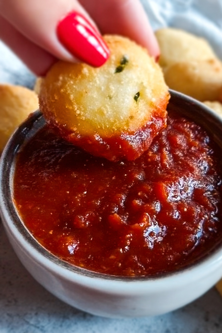 Cheesy Christmas Tree Bread, festive holiday bread, Christmas bread ideas, cheese bread recipe, easy Christmas centerpiece - A close-up image shows a white marbled surface with a white bowl filled with thick red sauce that has a chunky texture and glossy finish. Above the bowl, a woman's hand with red painted nails is dipping a small round light golden brown fried item into the sauce. The fried item looks soft with a slightly crisp surface and a few green spots inside. The background is softly blurred to focus on the dip action. Photo taken with an iphone --ar 2:3 --v 7