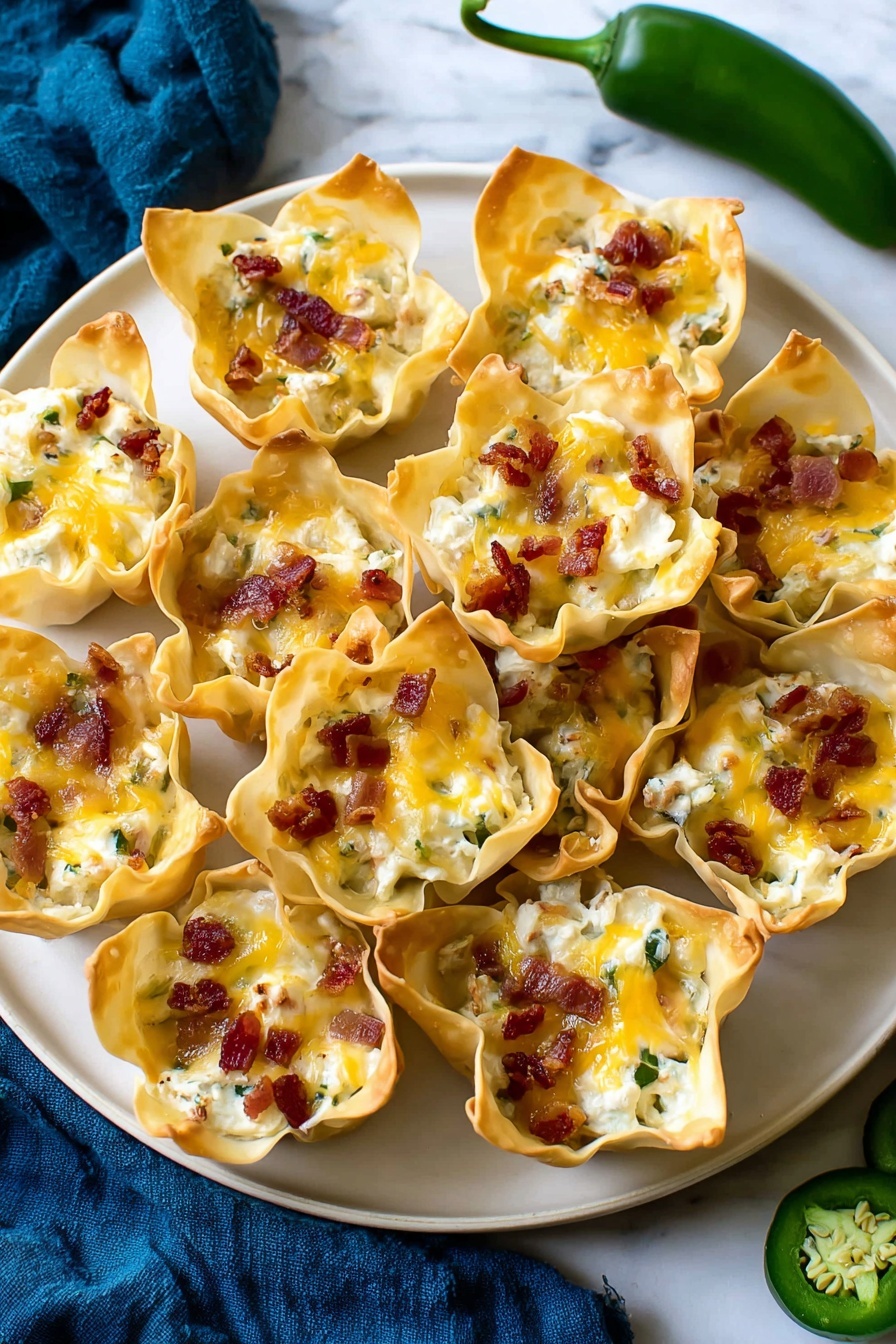 Jalapeno Popper Wonton Cups, spicy appetizer recipes, easy party snacks, baked wonton appetizer, bacon jalapeno bites - On a white plate set on a white marbled surface, there are eleven crispy golden brown wonton cups arranged closely together, each filled with a creamy white mixture that includes small green bits of jalapeño, topped with melted yellow cheddar cheese and small dark red pieces of crispy bacon; the wonton cups have uneven, slightly ruffled edges, and the colors of the filling contrast with the light golden shell and white plate; two green jalapeños and a blue cloth are visible near the plate; photo taken with an iphone --ar 2:3 --v 7