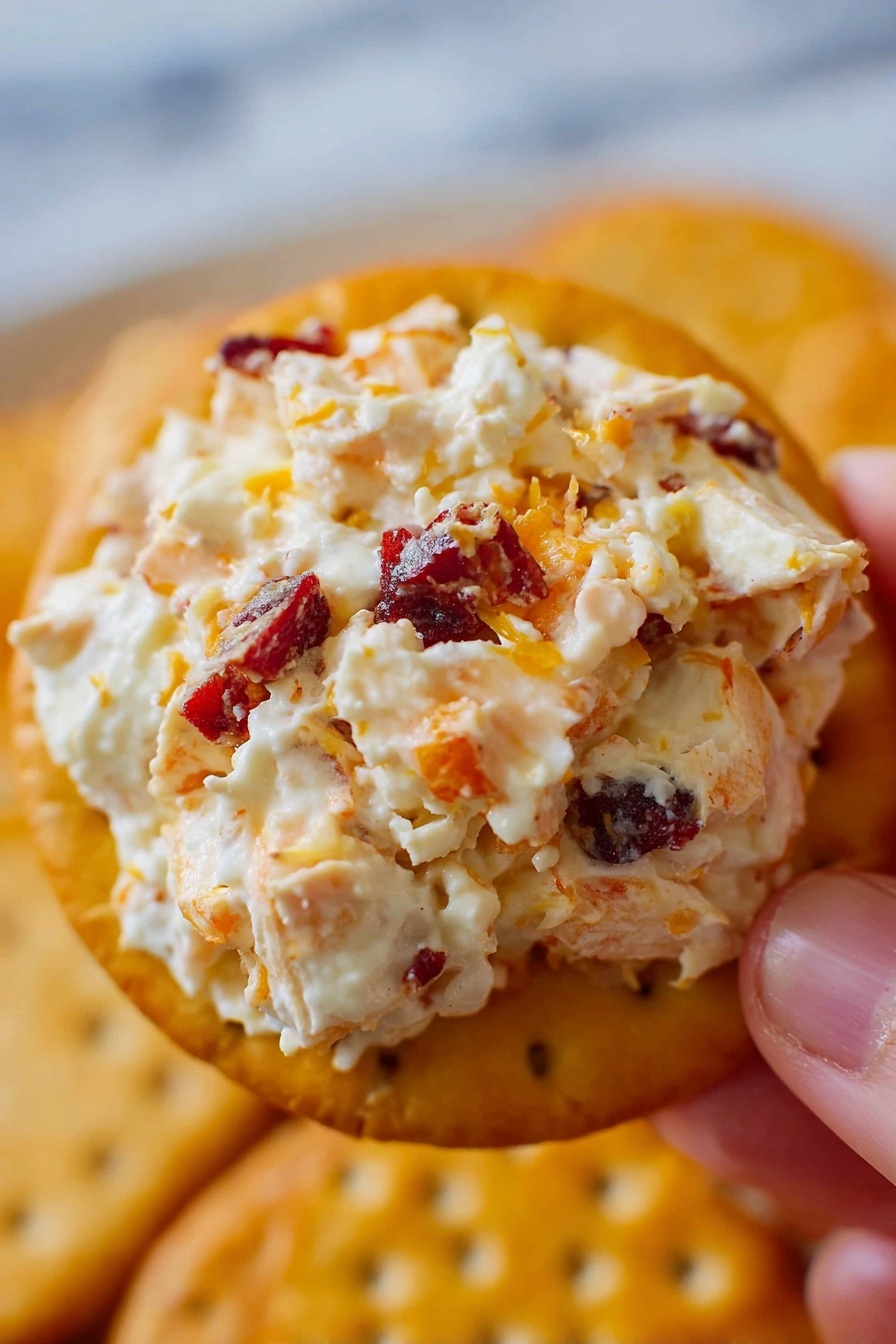 Cranberry Cream Cheese Spread, holiday appetizer, festive cheese spread, easy fruit cheese dip, cranberry cheese appetizer - A close-up image showing a round golden cracker held by a woman's hand, topped with a creamy, chunky mixture. The mixture has a white base with bright orange pieces and dark red bits scattered throughout, creating a textured look. The cracker's surface has small visible holes and a slightly uneven golden brown color. The background is soft and blurred, featuring a white marbled texture with other crackers faintly visible. photo taken with an iphone --ar 2:3 --v 7