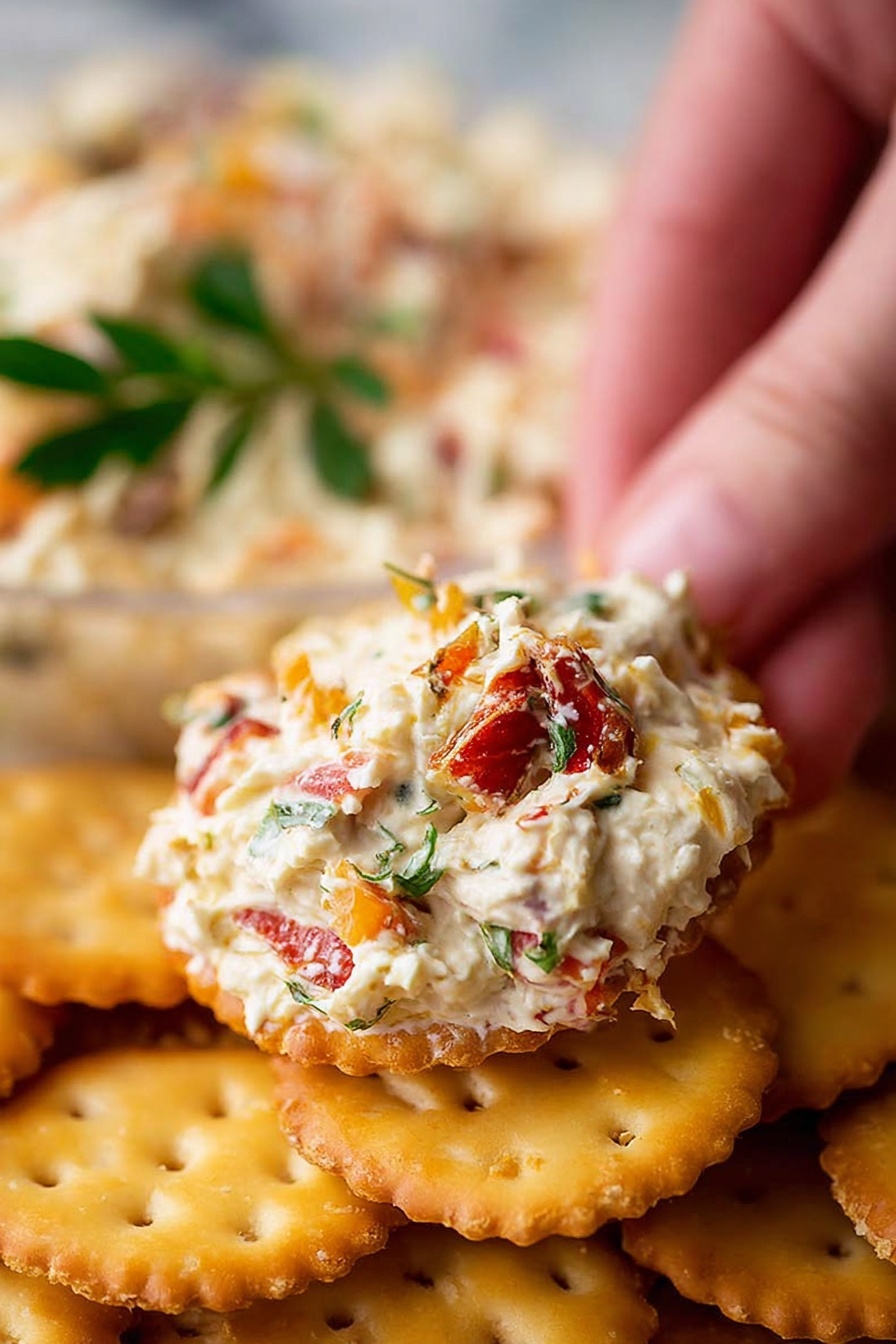 No-Bake Italian Cheese Loaf Appetizer, Italian cheese appetizer, no-bake party appetizer, Italian herb cheese spread, easy cheese appetizer recipes - The image shows a soft, creamy cheese block mixed with red and green herbs and spices, giving it a speckled look. The cheese is topped with chunky, deep red sun-dried tomato pieces and fresh green rosemary sprigs. Golden oil glistens and drips down from the top, adding shine and richness. Around the cheese, there is a circle of round, light brown crackers, slightly out of focus in the foreground. The plate is white, and the surface under it is white with a marbled texture. Photo taken with an iphone --ar 2:3 --v 7