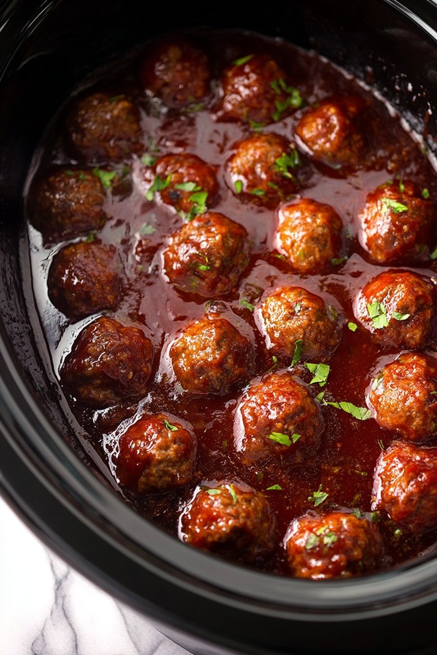 Bourbon Slow Cooker Meatballs, bourbon meatballs recipe, slow cooker appetizer, easy meatball recipe, flavorful meatball dish - Inside a black slow cooker, there are two layers: the bottom layer is a thick, dark red sauce with a shiny surface, and on top are many small, round meatballs coated in the sauce. The meatballs are brown with a slightly textured surface and are sprinkled with small green herbs. The sauce glistens and pools around the meatballs, creating reflections in the slow cooker. The background visible outside the slow cooker shows a white marbled texture. photo taken with an iphone --ar 2:3 --v 7