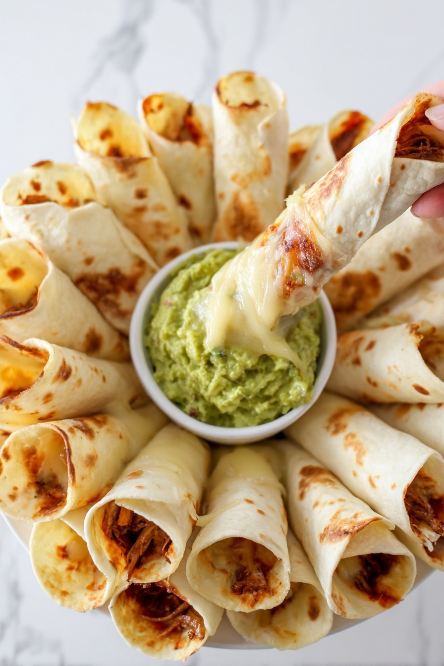 Burrito Ring with Chicken and Cheese, burrito ring recipe, Mexican appetizer ideas, cheesy chicken ring, party finger food recipes - A white plate on a white marbled surface holds about ten rolled tortillas arranged in a circular pattern. Each tortilla is slightly toasted with some brown spots and melted cheese visible on a few pieces. In the center of the plate, there is a small white bowl filled with green guacamole that has a smooth but slightly chunky texture. A woman's hand with red painted nails is lifting one tortilla upright, showing some melted cheese stretching between the tortilla and the plate, adding a melted, stringy texture to the scene. The lighting is bright and clean, emphasizing the fresh colors and textures. photo taken with an iphone --ar 2:3 --v 7