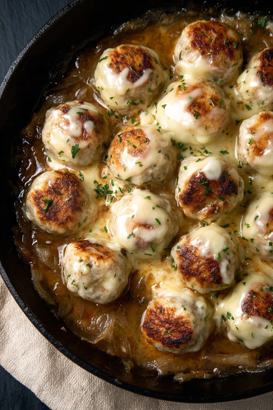 French Onion Chicken Meatballs Skillet, French Onion Chicken Meatballs, Easy French Onion Chicken, Chicken Meatball Skillet with Onions, Comforting French Onion Dinner - The image shows a black cast iron pan filled with golden brown meatballs topped with melted white cheese that has a light browned crust. The meatballs rest in a rich brown onion sauce with visible caramelized onion slices and small green herb sprigs scattered on top. A silver spoon is partly dipped into the sauce on the left side of the pan, and the scene is set on a white marbled textured surface. photo taken with an iphone --ar 2:3 --v 7