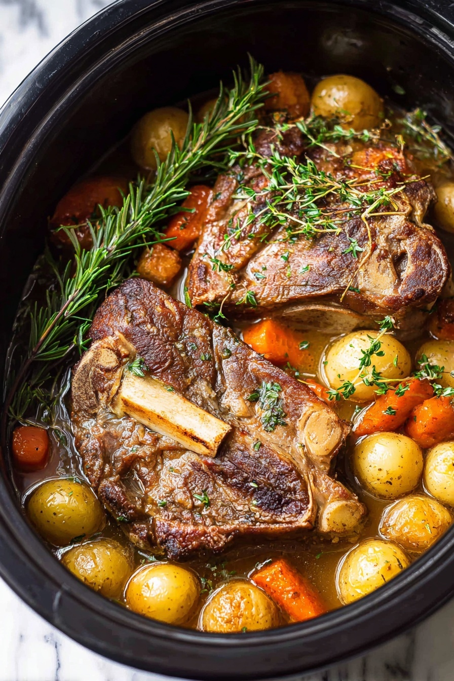Slow Cooker Pork Roast with Vegetables, easy pork roast recipe, hearty slow cooker dinner, tender pork shoulder with veggies, comforting pork and vegetable meal - Inside a black slow cooker, there is one large browned piece of meat placed in the center, surrounded by small whole golden potatoes and thick orange carrot chunks. The dish is garnished with sprigs of fresh green rosemary and thyme scattered on top. A light brown broth fills the bottom and coats the ingredients, creating a shiny texture. The slow cooker sits on a white marbled surface. photo taken with an iphone --ar 2:3 --v 7