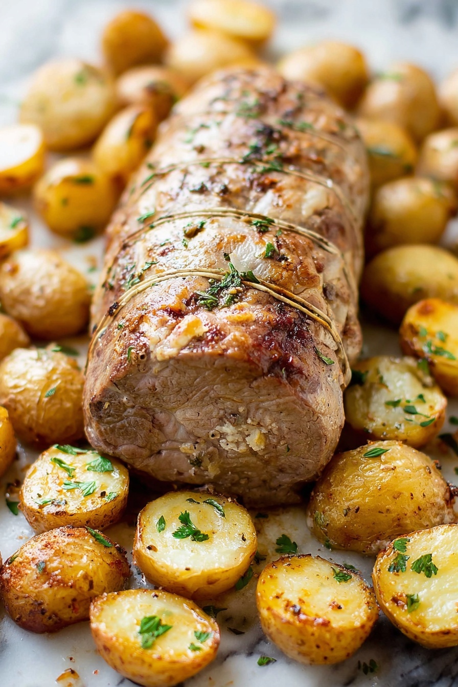Stuffed Pork Tenderloin with Sun-Dried Tomatoes, savory pork tenderloin stuffed with sun-dried tomatoes and mozzarella, easy stuffed pork recipes, elegant pork dinner ideas, quick pork tenderloin recipes - A cooked, round roast tied with string is placed in the center on a white marbled surface, showing a light golden brown roasted exterior with some herbs sprinkled on top. Surrounding the roast are many halved roasted potatoes with golden brown spots and light green herb garnishes, positioned unevenly around the roast. The texture of the roast is smooth with some crispy edges, and the potatoes have a slightly crispy outer skin with soft, light yellow flesh inside. photo taken with an iphone --ar 2:3 --v 7