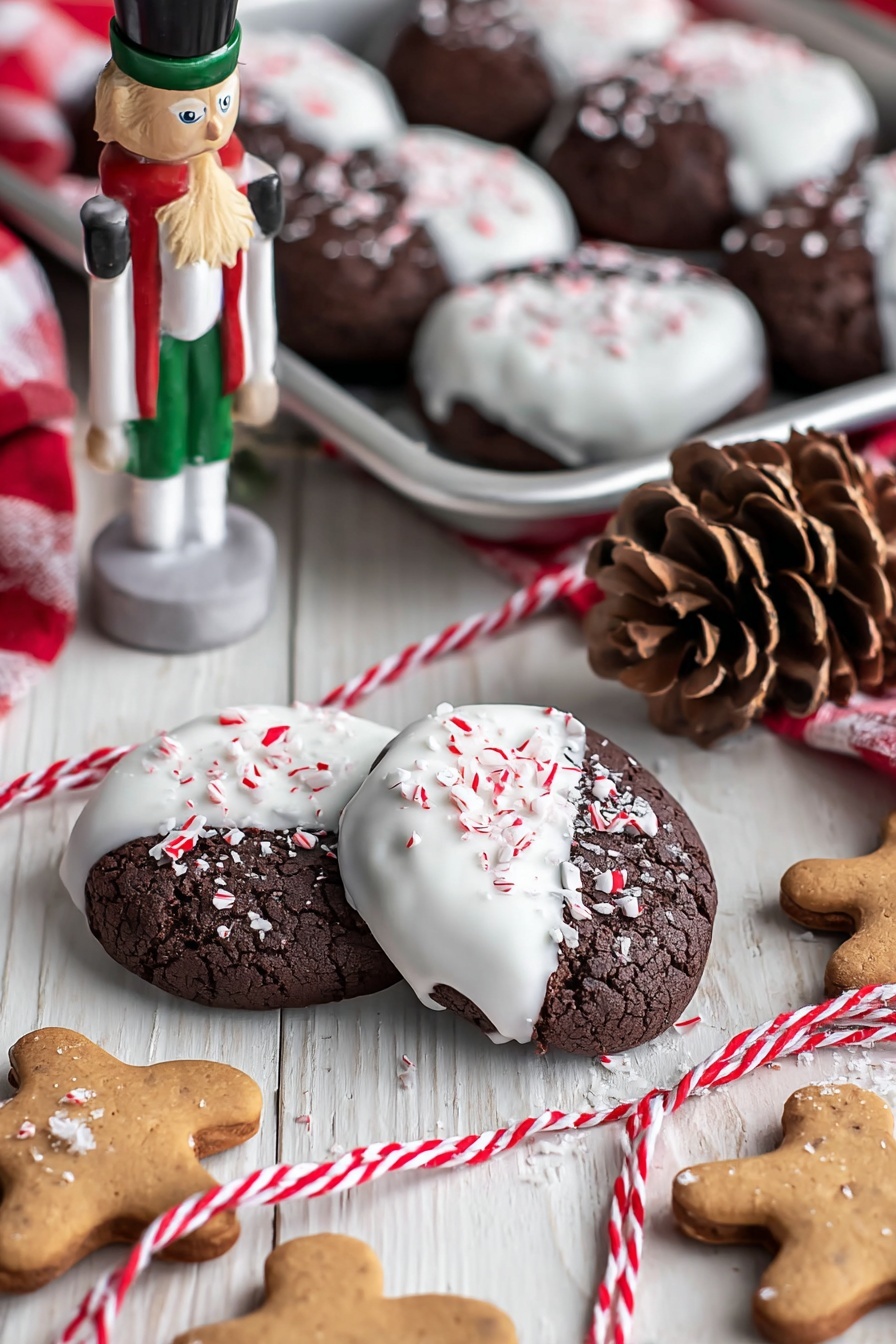Dark Chocolate Candy Cane Cookies, festive holiday cookies, easy chocolate peppermint cookies, Christmas cookie recipes, peppermint candy cane treats - The image shows dark brown chocolate cookies lightly cracked on the surface, each half-dipped in smooth white icing and sprinkled with small red and white peppermint bits on top. The cookies are arranged on a white wooden table and a silver baking tray, accompanied by several natural pine cones. Bright red and white striped string weaves through the cookies, adding a festive touch. A wooden nutcracker figure wearing white and green sits in the background holding small wooden gingerbread-shaped decoration pieces. The overall scene feels warm and holiday-themed. photo taken with an iphone --ar 2:3 --v 7