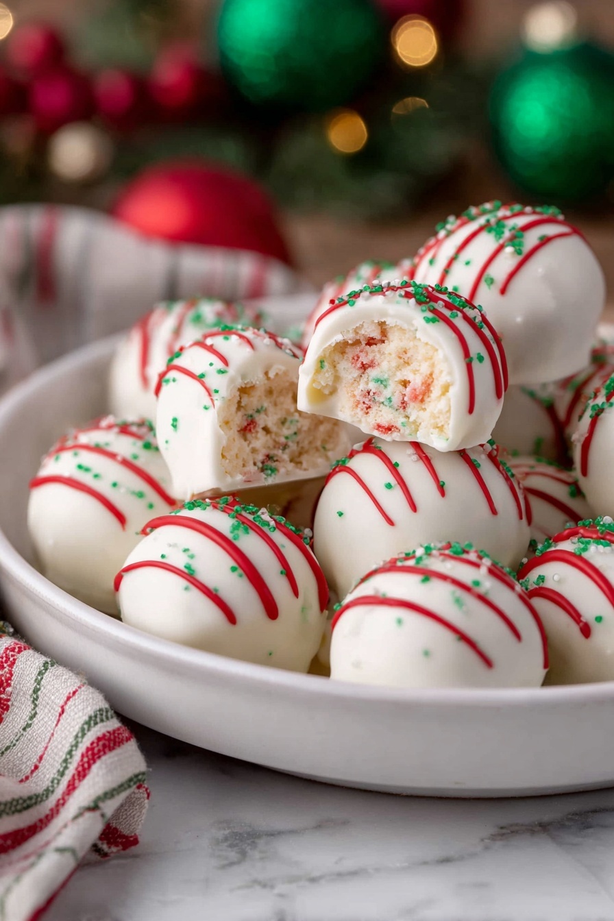 Christmas Tree Cake Truffles, festive holiday treats, no-bake Christmas desserts, easy Christmas truffle recipe, holiday dessert ideas - A white round plate filled with smooth, white-coated round truffles decorated with thin red stripes and small green sprinkles. One truffle is open, showing a soft, crumbly interior with red and green flecks. The plate sits on a white marbled surface, and blurred holiday decorations with green and red colors are visible in the background. photo taken with an iphone --ar 2:3 --v 7