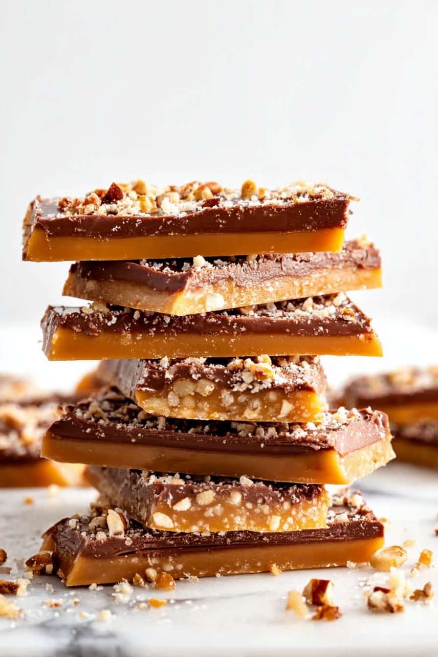 Homemade Toffee with Chocolate and Pecans, Toffee with Chocolate and Pecans, How to Make Toffee at Home, Easy Toffee Recipe with Nuts, Delicious Homemade Toffee - The image shows a stack of chocolate-covered bars with three clear layers: a bottom layer of light golden caramel, a middle layer of orange toffee, and a thick top layer of dark glossy chocolate sprinkled with crushed pale and brown nuts. The bars are cut into irregular rectangles and angled on a shiny metal tray, with one piece tilted to show the caramel and toffee layers inside. The background has a white marbled texture. photo taken with an iphone --ar 2:3 --v 7
