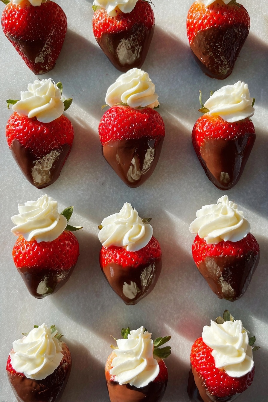Chocolate Covered Cheesecake Strawberries, strawberry desserts, chocolate strawberry recipes, easy cheesecake strawberries, no-bake fruit desserts - The image shows a grid of fresh strawberries, each dipped halfway in smooth milk chocolate forming the bottom layer with a shiny, slightly rippled texture. On top of the strawberry's bright red part, there is a generous swirl of cream with a soft, fluffy texture that stands out in white against the red and brown. The strawberries are arranged evenly on a flat surface with a light white marbled texture, casting long soft shadows from natural light coming from one side. The overall look is neat and appetizing, with clear details of the strawberry seeds and the creamy topping photo taken with an iphone --ar 2:3 --v 7