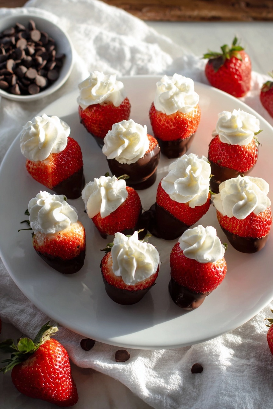 Chocolate Covered Cheesecake Strawberries, strawberry desserts, chocolate strawberry recipes, easy cheesecake strawberries, no-bake fruit desserts - A white plate on a white marbled surface holds 13 strawberries, each dipped halfway in smooth milk chocolate at the bottom, showing the bright red juicy top half. On top of each strawberry is a swirl of white whipped cream, neatly piped in a floral shape. Around the plate, there are a few whole strawberries with green tops and some dark chocolate chips scattered on a white cloth. Soft sunlight shines from the side, casting gentle shadows and highlighting the glossy texture of the strawberries and chocolate. Photo taken with an iphone --ar 2:3 --v 7