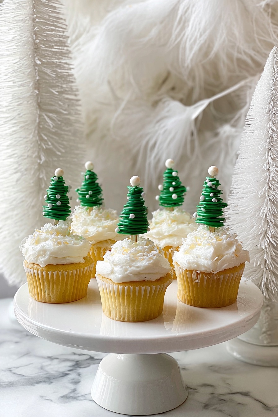 Easy Buttercream Frosting, buttercream frosting recipe, homemade buttercream icing, simple frosting for cakes, quick buttercream recipe - There are six yellow cupcakes on a white cake stand with a simple round base. Each cupcake has a thick, uneven layer of white frosting on top. Stuck into the frosting of each cupcake is a small green Christmas tree decoration made from a spiral shape, decorated with small white balls to look like snow or ornaments. The background includes soft white feathers and white textured tree shapes, all set on a white marbled surface. photo taken with an iphone --ar 2:3 --v 7