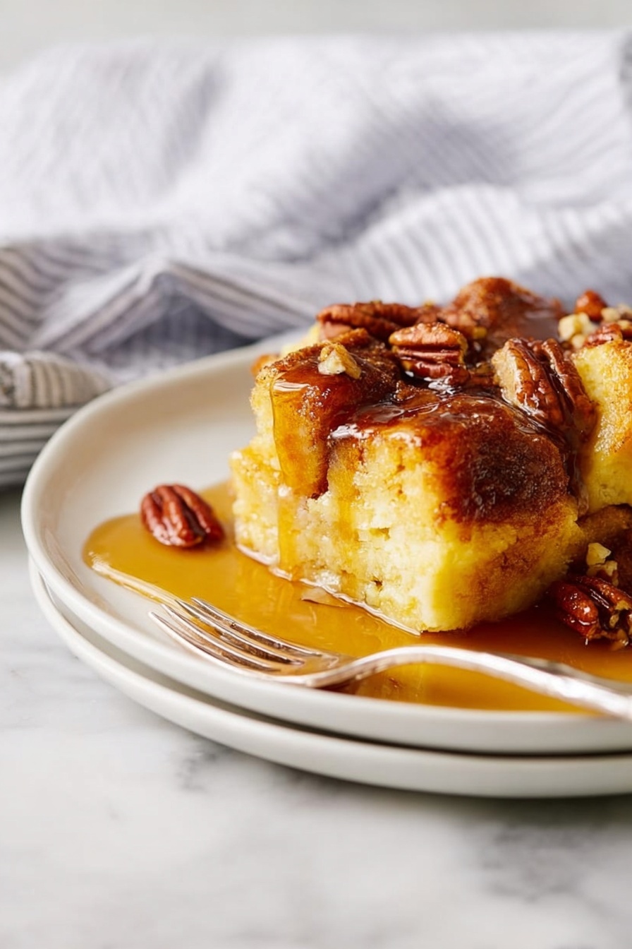 Easy French Toast Casserole with Pecans, French Toast Casserole with Pecans, Breakfast Casserole with Pecans, Make-Ahead French Toast Bake, Best Pecan French Toast - The image shows a white plate with a thick slice of bread pudding that has a golden-brown crust on top and a soft, yellow inside. The bread pudding is topped with a shiny layer of syrup that flows down the sides and pools on the plate. Scattered around the pudding are small pieces of brown pecans, adding texture and color contrast. A silver fork is placed near the edge of the plate, resting on a white marbled surface. In the background, a white and gray striped cloth is slightly blurred, giving a cozy and simple setting. photo taken with an iphone --ar 2:3 --v 7