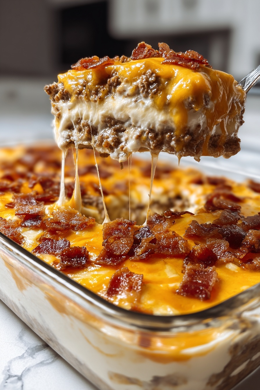 Crack Breakfast Casserole with Sausage and Cheese, hearty breakfast casserole, easy sausage breakfast bake, make-ahead breakfast casserole, cheesy sausage brunch dish - A clear glass rectangular dish filled with a multi-layered casserole placed on a white marbled surface, showing three layers from the side: the bottom layer is ground beef, followed by a creamy white sauce layer, topped by bright orange melted cheese, generously covered with small crispy pieces of cooked bacon. A fork is scooping out a portion from the corner of the dish, lifting some of the layers with visible melted cheese stretching slightly. The kitchen background is blurred with soft lighting, focusing on the rich textures and colors of the dish. photo taken with an iphone --ar 2:3 --v 7