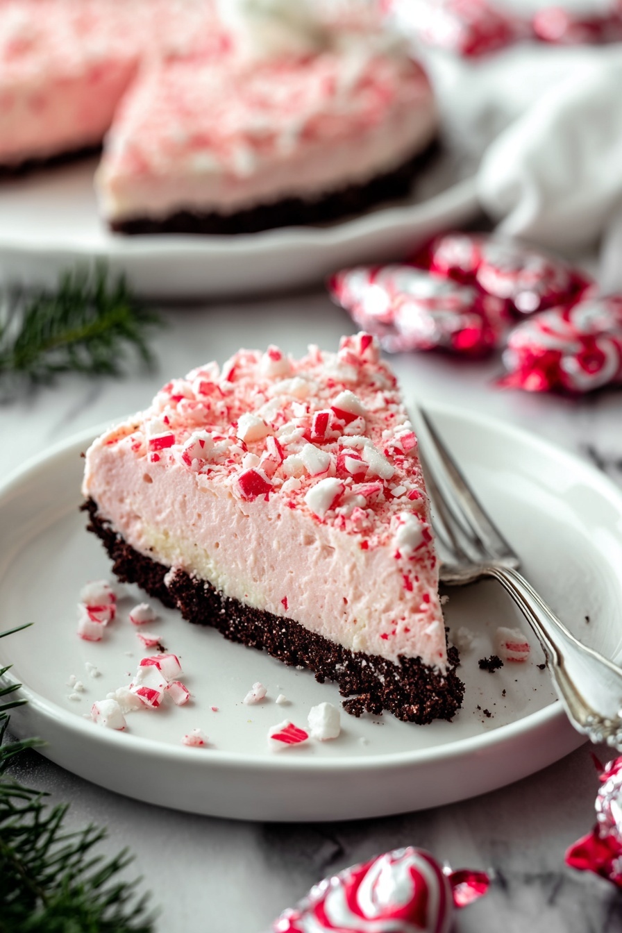 No Bake Peppermint Pie, peppermint dessert, easy holiday pie, no bake holiday treat, festive peppermint pie - A slice of dessert with two layers sits on a white plate with a silver fork on the right side. The bottom layer is dark brown and firm, looking like a crumbly base. The top layer is thick, creamy, and light pink, covered with small white and red crushed pieces scattered on top. In the background, more of the dessert is on a white plate, and red-and-white striped candy pieces are scattered nearby, some still in shiny wrappers. The surface under everything is a white marbled texture with some green pine leaves in the lower part of the image. photo taken with an iphone --ar 2:3 --v 7