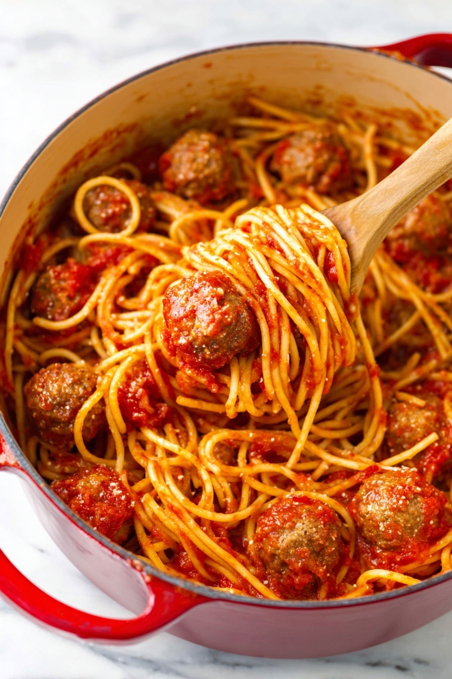Classic Italian Spaghetti and Meatballs, easy spaghetti with meatballs, homemade Italian meatball recipe, authentic spaghetti and meatballs, best meatball pasta dish - A red pot filled with long yellow spaghetti noodles mixed with chunky red tomato sauce, evenly coating the noodles. There are several round brown meatballs spread through the noodles, some partially covered in sauce. A wooden spoon is lifting one meatball and some noodles, showing the texture of the sauce and meatballs clearly. The pot is placed on a white marbled surface. photo taken with an iphone --ar 2:3 --v 7