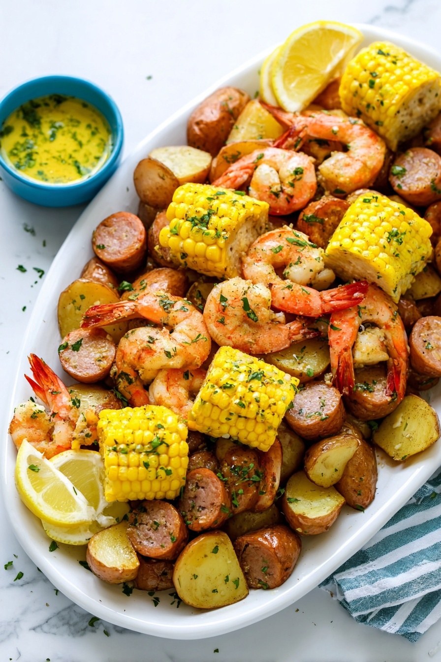 Old Bay Shrimp Boil, seafood boil recipe, shrimp boil with Old Bay, easy shrimp boil, seafood boil ideas - A large white oval plate is filled with three main layers: the first layer is a base of halved small roasted potatoes with a golden-brown skin; the second layer includes thick slices of browned sausage scattered evenly; the top layer features cooked pink shrimp with tails on, mixed with bright yellow corn on the cob pieces cut into thick rounds, all sprinkled with chopped green herbs. On the edge of the plate, there are two lemon wedges in a bright yellow color. The plate sits on a white marbled surface with a small blue bowl of yellow garlic butter sauce garnished with herbs nearby. Photo taken with an iphone --ar 2:3 --v 7
