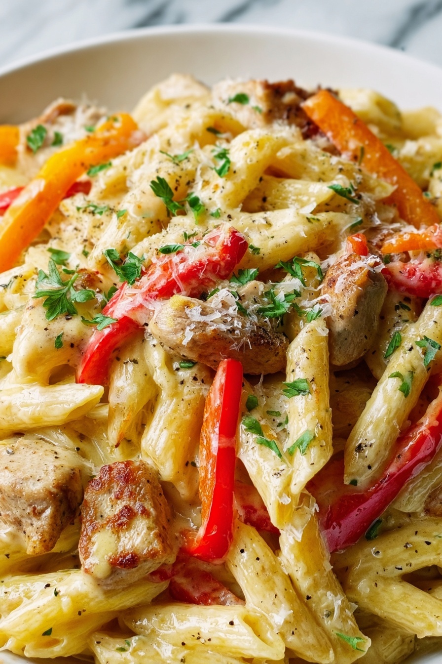Creamy Cajun Chicken Pasta, Cajun Chicken Pasta, Creamy Pasta Recipes, Spicy Chicken Pasta, Easy Cajun Pasta Dinner - The image shows a close-up of a white bowl filled with a creamy pasta dish. The pasta is penne, light yellow in color, coated in a rich, smooth sauce. Mixed in are pieces of light brown cooked chicken and bright red and orange bell pepper slices. Small green parsley leaves are scattered on top, adding a fresh touch. The dish is also sprinkled with grated cheese and black pepper, which add texture and small contrasting colors. The bowl sits on a white marbled surface. Photo taken with an iphone --ar 2:3 --v 7