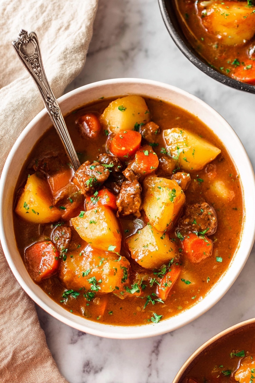 Vegan Irish Stew with Beer and Vegetables, hearty plant-based stew, vegan Irish stew recipe, vegan beer vegetable stew, plant-based Irish stew - The image shows a white bowl filled with a thick stew made of large, soft potato chunks, round carrot slices, and browned meat pieces in a rich, brownish-orange sauce. Fresh green herbs are sprinkled on top for color contrast. A silver spoon with an ornate handle is resting inside the bowl, partially submerged in the stew. The bowl is placed on a white marbled surface with a beige cloth partially visible in the upper left corner. Part of another similar bowl is visible at the top right edge. photo taken with an iphone --ar 2:3 --v 7