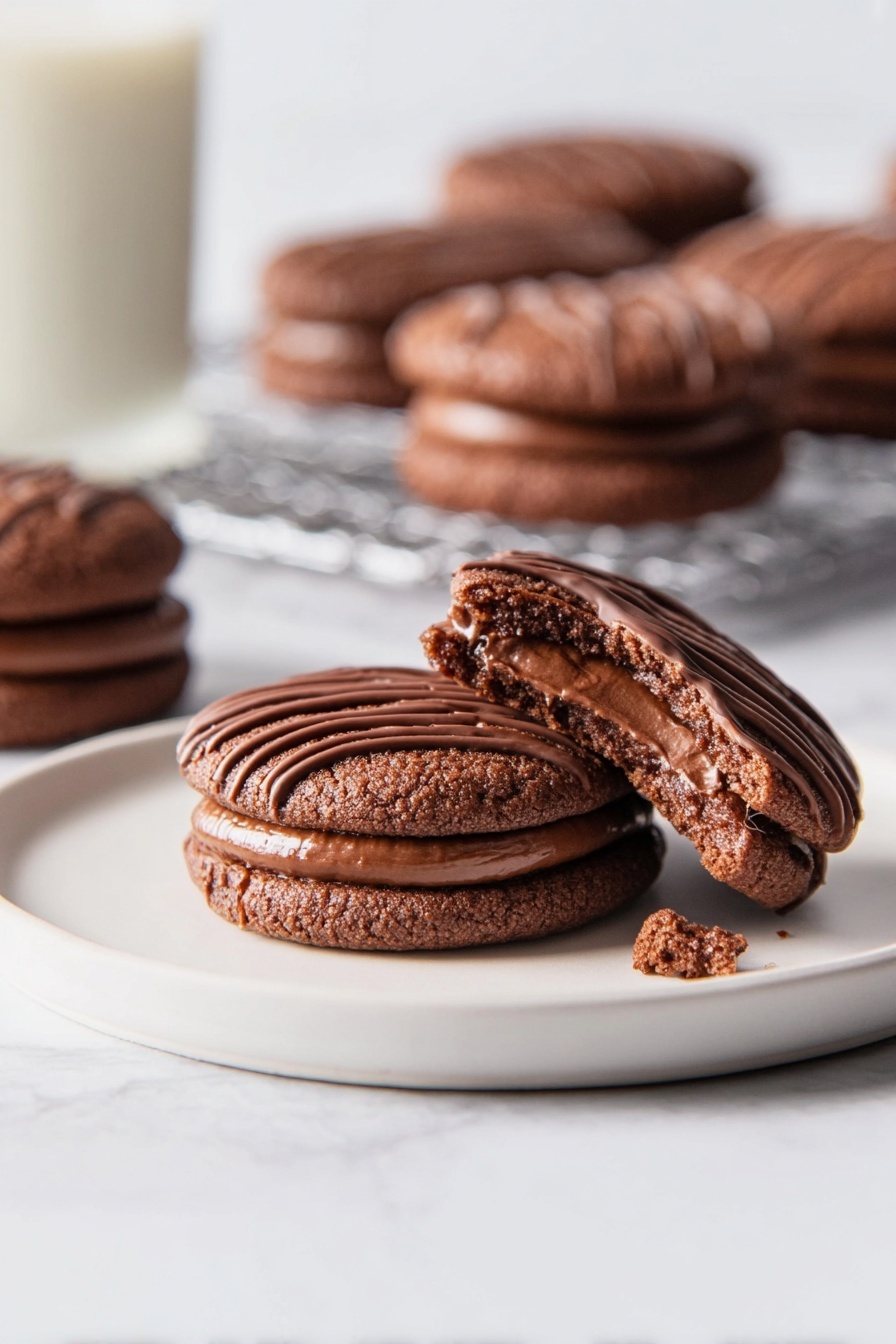 Fudge Rounds Cookies with Chocolate Filling, homemade chocolate sandwich cookies, soft fudgy cookies with chocolate filling, easy chocolate cookie recipe, chocolate-filled sandwich cookies - The image shows a pile of round chocolate sandwich cookies on a white plate, placed on a white marbled surface. Each cookie has two dark brown, soft textured layers with a smooth chocolate cream filling in the middle. The top layer of each cookie is decorated with five thin wavy lines of shiny chocolate drizzle. The cookies have a slightly rough surface texture with small air holes visible. Photo taken with an iphone --ar 2:3 --v 7