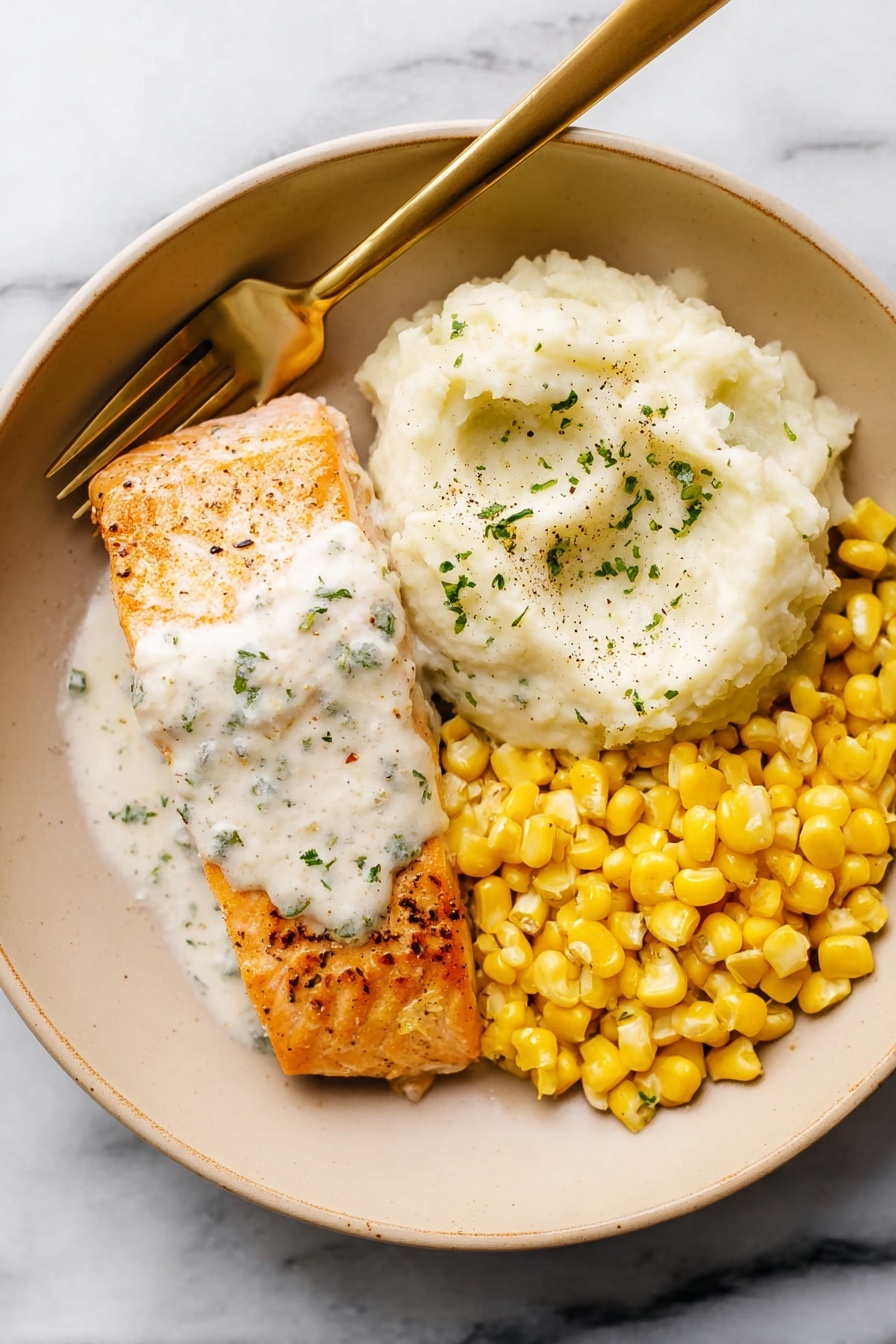 Creamy Lemon Salmon, Lemon Salmon Recipe, Easy Salmon Dinner, Quick Salmon with Lemon, Healthy Salmon Main Dish - The image shows four pieces of golden-brown fish fillets, each topped with a creamy white sauce that has a smooth, slightly thick texture with small green herb flakes. The fillets lie in a pool of the same white sauce. There are two lemon wedges visible, one partially submerged in the sauce and one resting on the side, with bright yellow skin and pale juicy interiors. The background is a white marbled texture. photo taken with an iphone --ar 2:3 --v 7