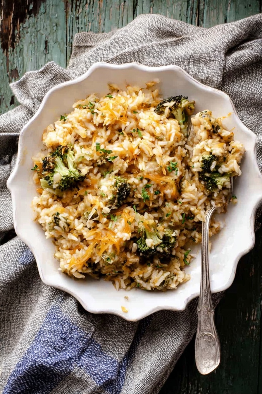 Cheesy Broccoli Orzo Bake, Broccoli orzo casserole, cheesy baked pasta with broccoli, easy broccoli and cheese bake, creamy vegetable pasta bake - The image shows a baked dish with a golden, bubbly layer of melted cheese on top that looks slightly crispy at the edges. Underneath the cheese are visible chunks of green broccoli and a mix of rice or small pasta, which seem soft and mixed well with creamy sauce. Fresh green basil leaves and small sprigs of herbs are scattered on top as garnish. The dish is in a dark round pan placed on a white marbled surface with a silver serving spoon slightly scooping some of the baked food, revealing the cheese stretching and the mixed texture inside. photo taken with an iphone --ar 2:3 --v 7