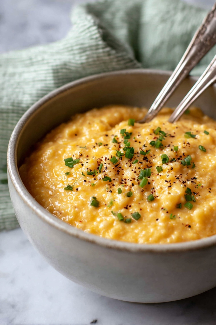 Cheesy Quinoa, healthy cheesy quinoa dish, easy quinoa recipes, quick cheese quinoa, comforting quinoa dinner - A light gray bowl is filled with a creamy, slightly lumpy dish that has a warm yellow-orange color. The surface is sprinkled with small pieces of green herbs and tiny black pepper specks, adding contrast to the warm color. Two silver spoons rest inside the bowl. The bowl sits on a white marbled surface with a soft-focus green and white cloth in the background. photo taken with an iphone --ar 2:3 --v 7