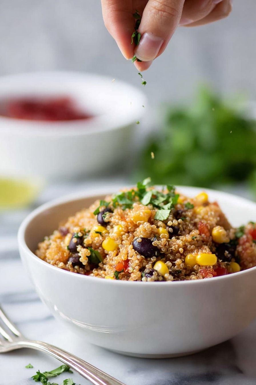 Easy Mexican Quinoa Bowl, Mexican quinoa bowl, healthy quinoa bowl, quick vegetarian dinner, flavorful quinoa salad - A white bowl filled with quinoa salad showing a mix of colors and textures; the base layer is light brown quinoa, mixed with black beans, yellow corn kernels, and small red tomato pieces scattered throughout. On top, small green cilantro leaves are visible, some being sprinkled by a woman's hand from above. The background surface is white marbled with a blurred white bowl with red ingredients in the top left background and some green cilantro on the left side of the image. A silver fork rests beside the bowl on the white marbled surface photo taken with an iphone --ar 2:3 --v 7