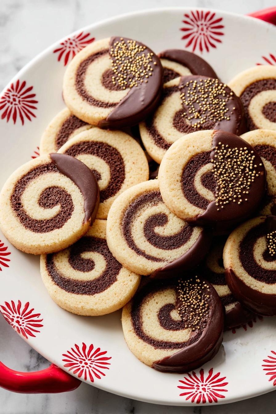 Chocolate Pinwheel Cookies, Pinwheel Cookie Recipe, Easy Chocolate Swirl Cookies, No-Bake Cookie Swirls, Festive Cookie Recipes - A plate of spiral cookies is shown on a white ceramic plate with red flower-like designs and a red handle on a white marbled surface. Each cookie has two main layers: one light beige and one dark brown swirled together to form a spiral pattern. Some cookies are plain, showing only the two-layer swirl, and others are half dipped in dark chocolate with small golden sprinkles on the chocolate side. The cookies are arranged in a stacked, overlapping way that fills the plate and spills slightly onto the surface around it. Photo taken with an iphone --ar 2:3 --v 7