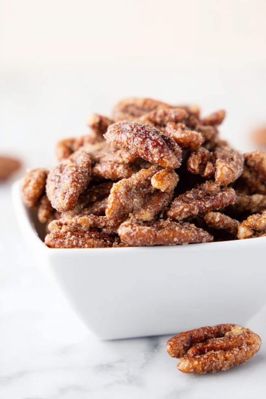 Cinnamon Sugar Pecans, caramelized pecans, homemade snack ideas, sweet crunchy pecans, holiday gift treats - A white bowl filled with many pieces of sugared pecans piled high, each pecan piece covered in a crunchy, sparkling sugar layer giving a rough texture with colors ranging from light brown to darker brown on the nuts themselves. Some pieces show the clear shape of the pecan's ridges while others look more clustered with sugar crystals. The bowl sits on a white marbled surface with a soft, out-of-focus background of more pecans. photo taken with an iphone --ar 2:3 --v 7