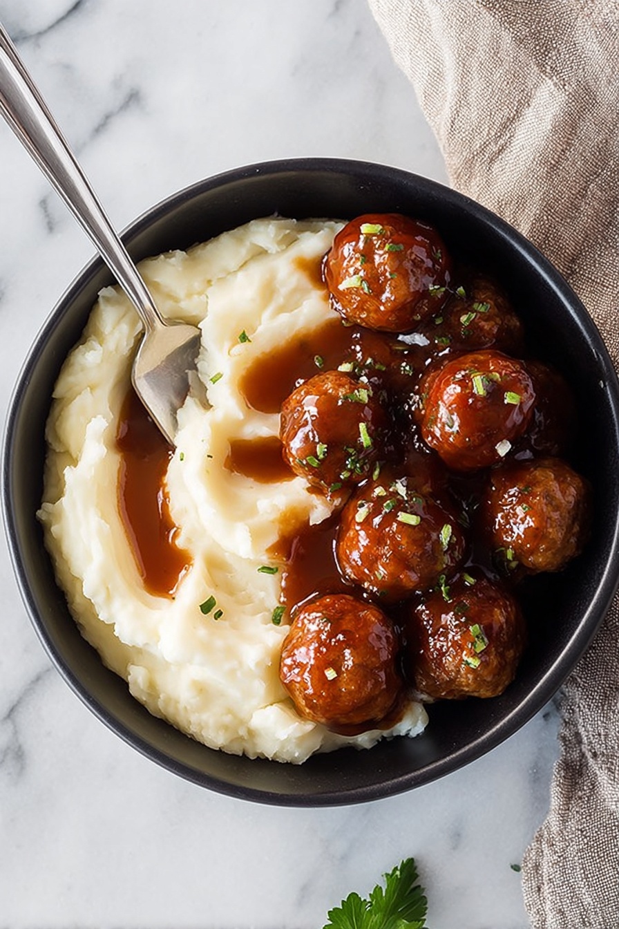 Bourbon Slow Cooker Meatballs, bourbon meatballs recipe, slow cooker appetizer, easy meatball recipe, flavorful meatball dish - A black bowl on a white marbled surface holds a serving of mashed potatoes and meatballs. The mashed potatoes form a soft, creamy layer on one side, with a smooth texture and three streaks of dark brown gravy on top. On the other side, a cluster of round, shiny meatballs covered in thick brown sauce are garnished with small green herb pieces. A silver spoon rests partially sunk into the mashed potatoes, angled towards the bowl's edge. A small parsley leaf lies nearby on the surface. photo taken with an iphone --ar 2:3 --v 7