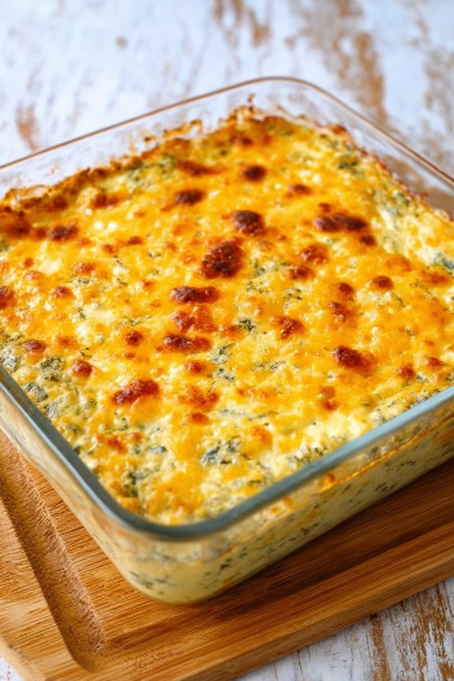 Bacon Spinach Artichoke Dip, spinach artichoke dip easy, cheesy bacon dip, party appetizer recipes, creamy bacon dip - A glass square dish filled with a baked casserole that shows a golden brown melted cheese layer on top with small patches of darker brown, indicating a crispy texture. Below the cheese layer, a creamy mixture with visible green bits, likely herbs or vegetables, fills the rest of the dish. The dish is set on a wooden board, all photographed with a white marbled background visible around the edges. The overall look is warm and inviting with a soft, bubbly texture under the cheese layer photo taken with an iphone --ar 2:3 --v 7