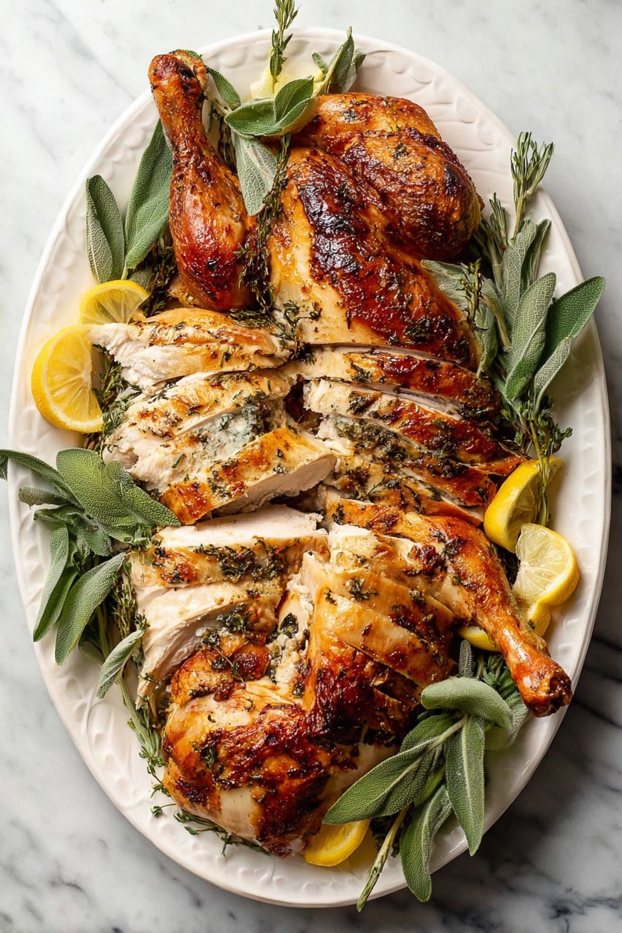 Perfect Herb Roast Turkey, herb roast turkey, juicy turkey recipe, holiday turkey, flavorful roast turkey - A white oval plate sits on a white marbled surface, holding a cooked whole chicken sliced into thick pieces. The chicken skin is golden brown with a slightly crispy texture and visible herbs cooked into the surface. Two large legs, one at the top center and one at the bottom center of the plate, remain whole with browned skin. The breast and thigh meat in the middle are sliced in even layers, showing tender white meat inside. Around the chicken, fresh green herbs like sage and thyme are scattered, along with wedges of bright yellow lemon that add a fresh look. photo taken with an iphone --ar 2:3 --v 7
